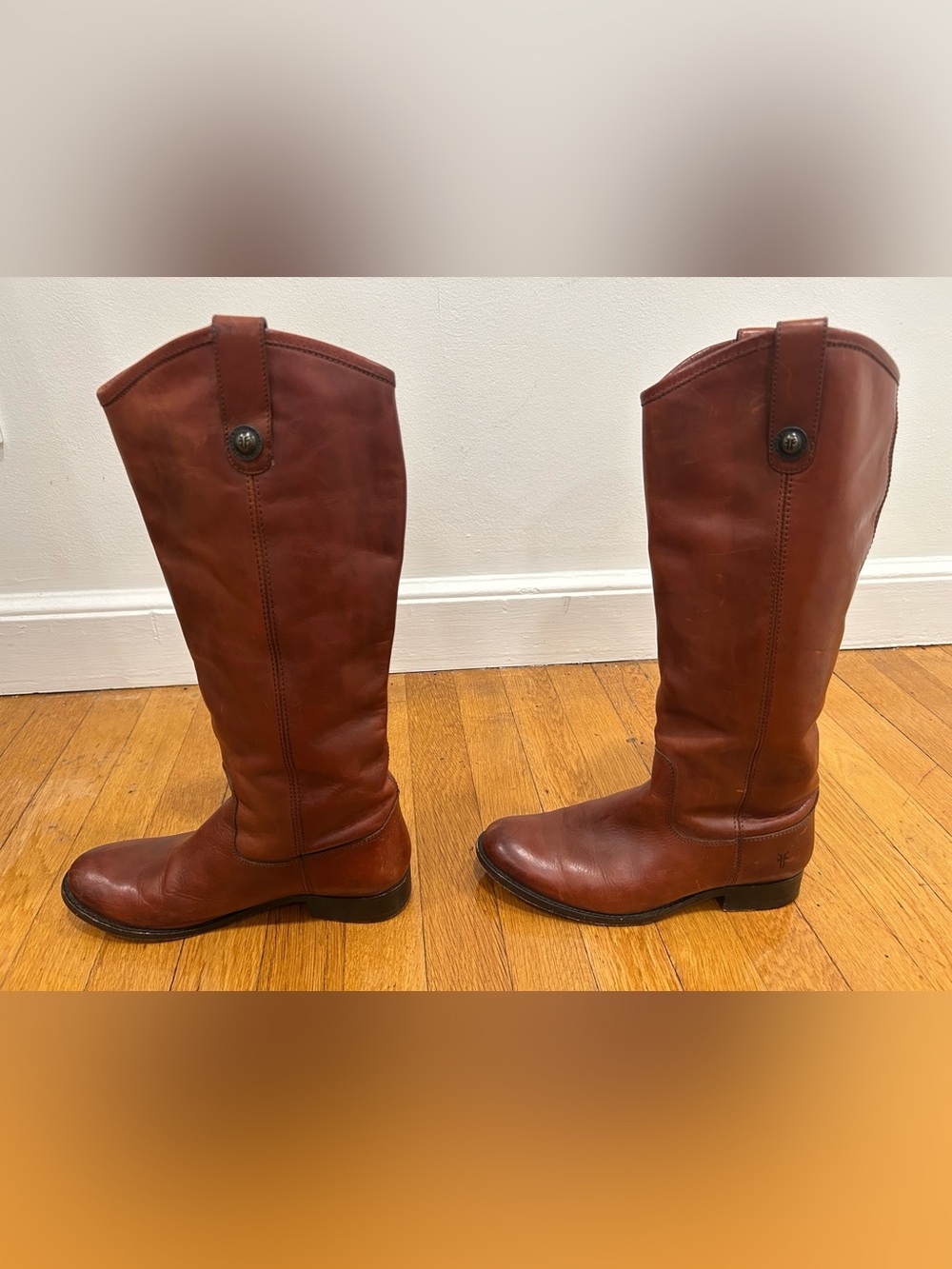 FRYE Cognac Leather Tall Riding Boots Extended Calf Size 6.5 B